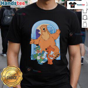 Alt Text: Cute bear graphic on a blue house door t-shirt, perfect for casual wear and animal lovers.