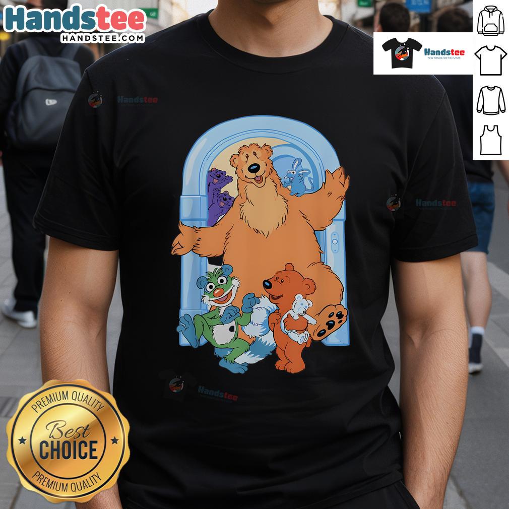 Alt Text: Cute bear graphic on a blue house door t-shirt, perfect for casual wear and animal lovers.