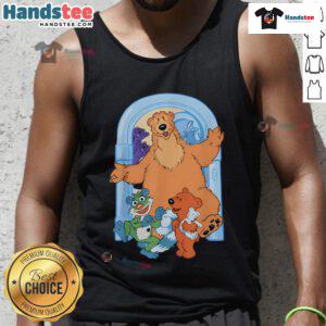 Cute bear standing by a blue house door, wearing a stylish tank top. Perfect for animal lovers and fashion enthusiasts.