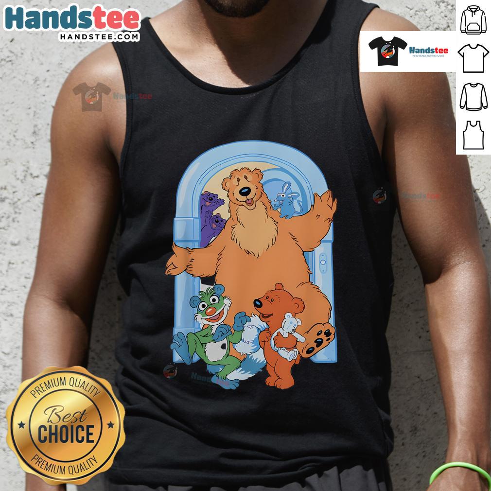 Cute bear standing by a blue house door, wearing a stylish tank top. Perfect for animal lovers and fashion enthusiasts.