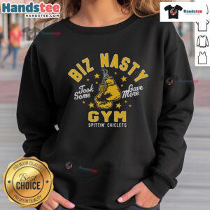 Nice Biz Nasty Took Some Gave More Gym Spittin Chiclets Sweatshirt showcased on a model in a modern gym setting.