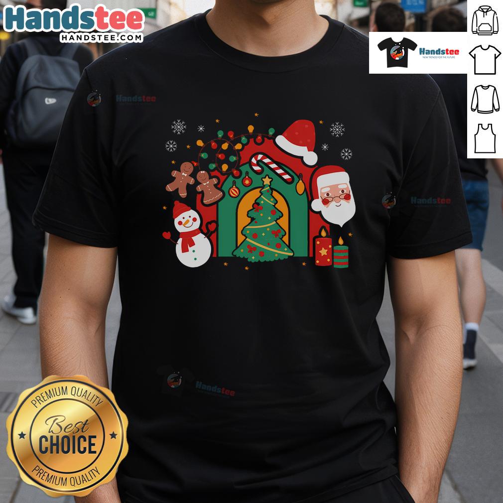 Festive T-shirt featuring a candy cane and holly design, perfect for Merry Christmas and Happy Holidays celebrations.