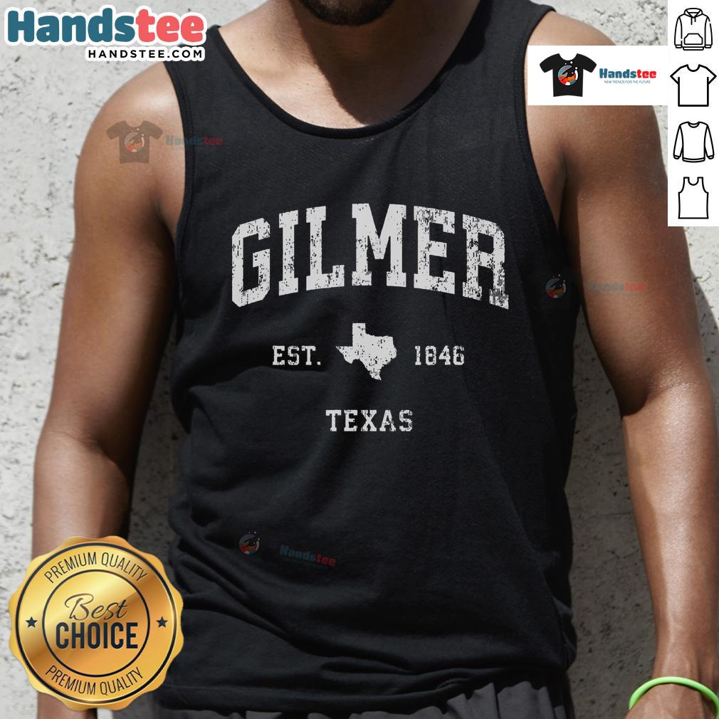 Vintage athletic sports tank top featuring 'Nice Gilmer Texas TX' design, perfect for casual wear and sports enthusiasts.