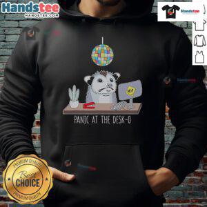 Alt Text: Person wearing a Nice Panic At He Desk O Possum Hoodie, showcasing a trendy design and vibrant colors.