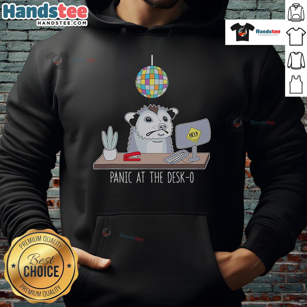 Alt Text: Person wearing a Nice Panic At He Desk O Possum Hoodie, showcasing a trendy design and vibrant colors.