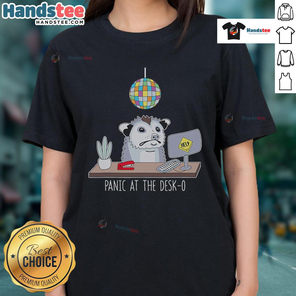 Panic At The Desk O' Possum Ladies Tee featuring a playful design, perfect for fans of unique graphic tees.