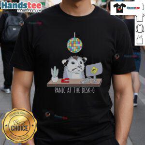 Nice Panic At He Desk O Possum T-Shirt featuring a playful possum design, perfect for fans of quirky graphic tees.