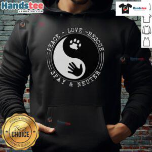 Cozy Nice Peace Love Rescue Spay and Neuter Hoodie featuring a colorful design promoting pet adoption and awareness.
