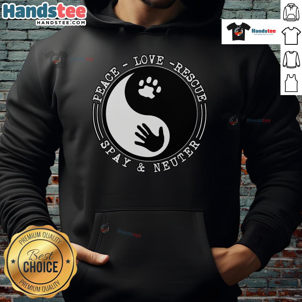 Cozy Nice Peace Love Rescue Spay and Neuter Hoodie featuring a colorful design promoting pet adoption and awareness.