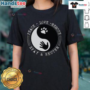 Nice Peace Love Rescue Spay and Neuter Ladies Tee featuring a stylish design promoting animal welfare.