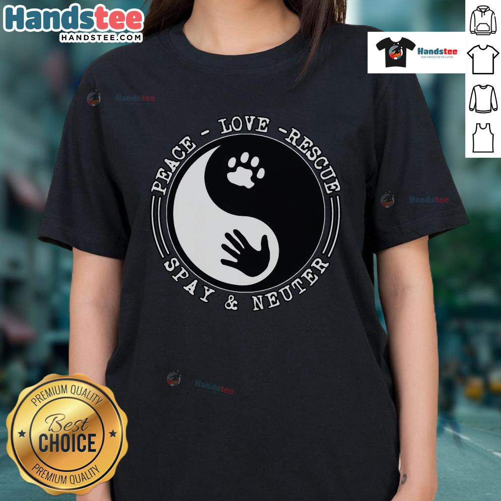 Nice Peace Love Rescue Spay and Neuter Ladies Tee featuring a stylish design promoting animal welfare.