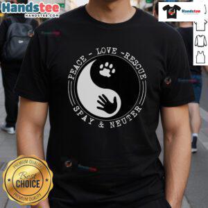 Nice Peace Love Rescue Spay And Neuter T-Shirt featuring a vibrant design promoting animal welfare and spaying/neutering pets.