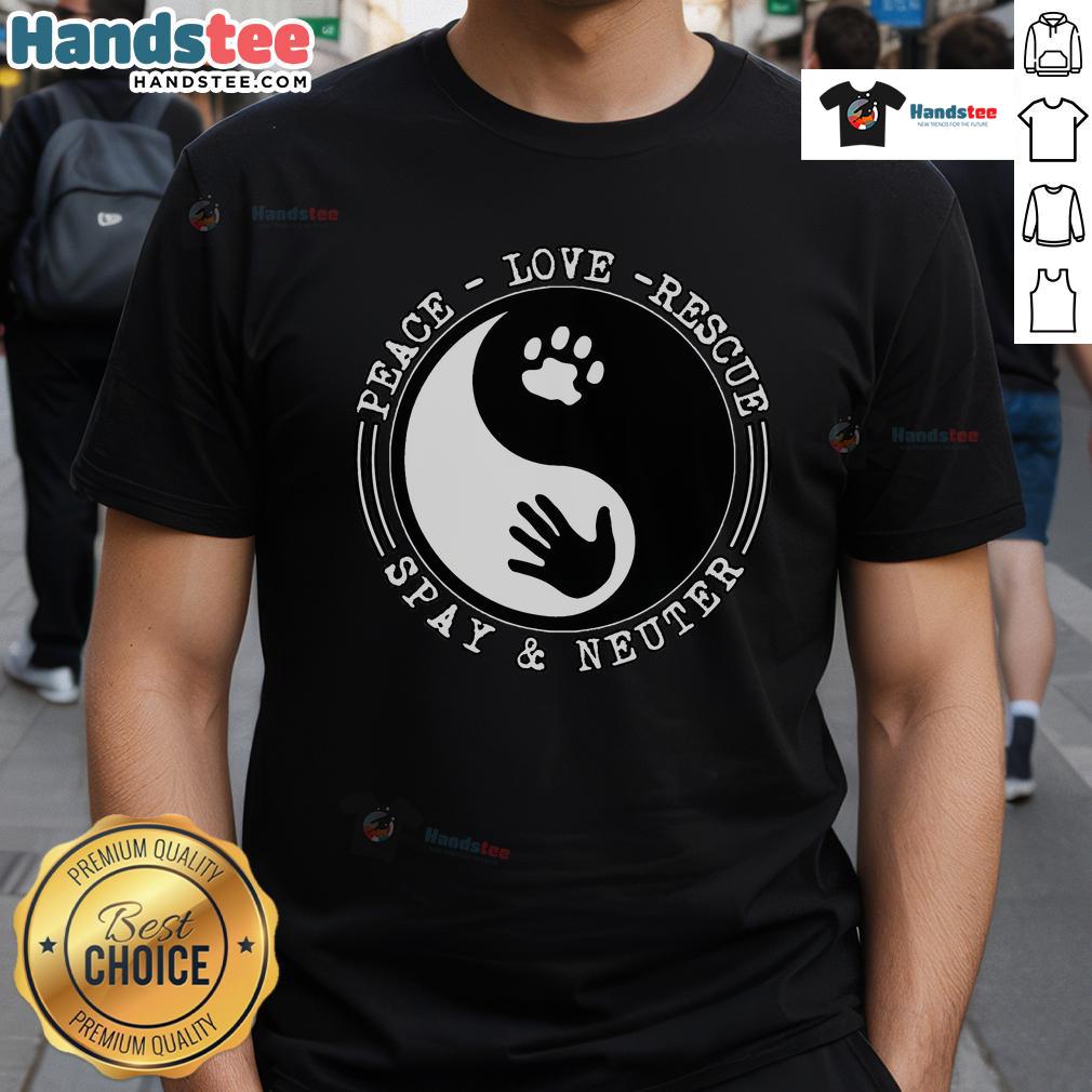 Nice Peace Love Rescue Spay And Neuter T-Shirt featuring a vibrant design promoting animal welfare and spaying/neutering pets.
