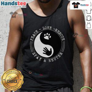 Nice Peace Love Rescue Spay and Neuter Tank Top featuring a vibrant design promoting pet adoption and responsible spaying.