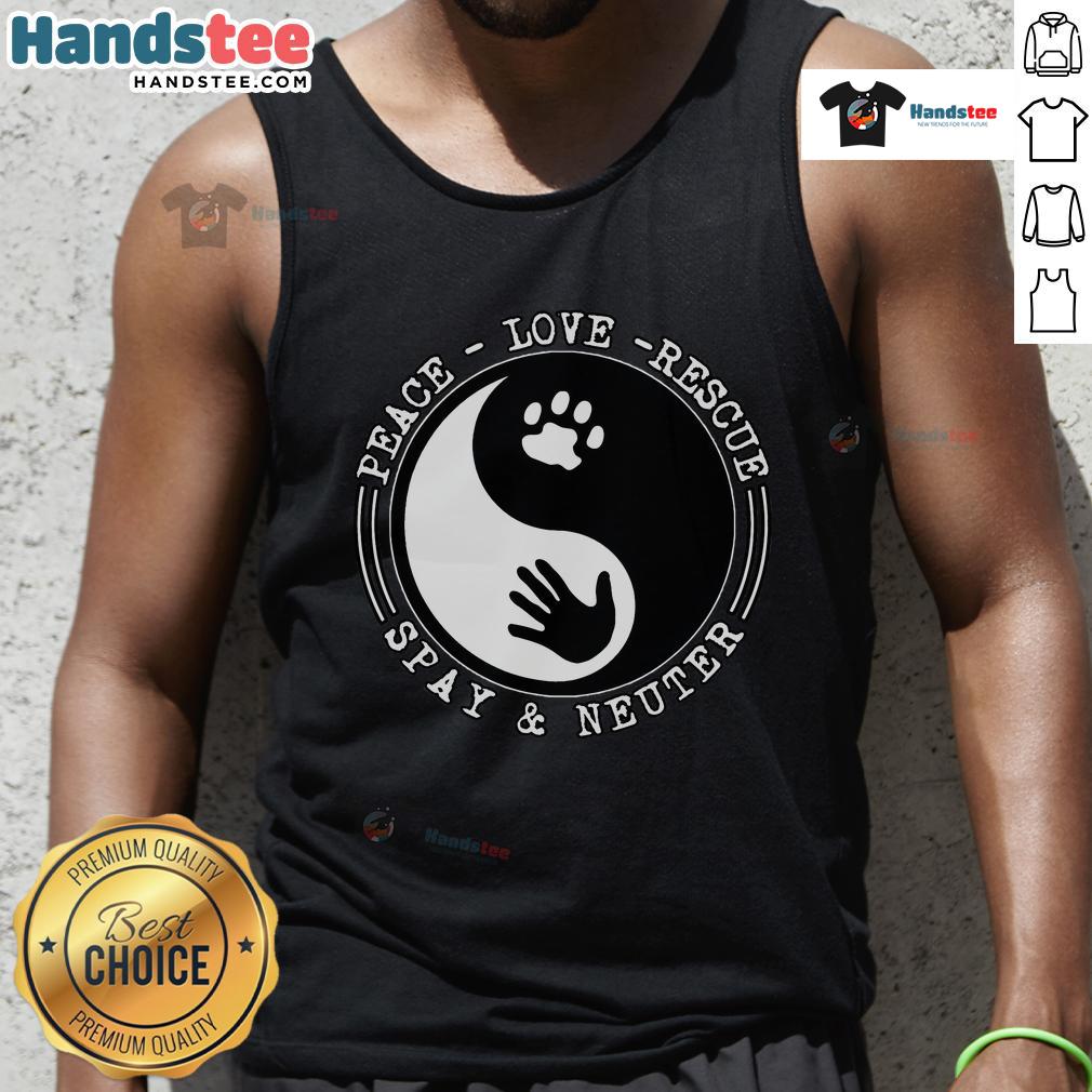 Nice Peace Love Rescue Spay and Neuter Tank Top featuring a vibrant design promoting pet adoption and responsible spaying.