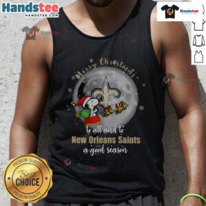 Santa Snoopy tank top wishing Merry Christmas and a good season to New Orleans Saints fans, perfect for holiday cheer.