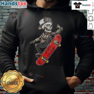 Cool skateboarder wearing a 'Skate or Die' skeleton hoodie, showcasing skateboard tricks in an urban setting.