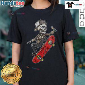 Cool skateboarder skeleton in 'Skate or Die' design on ladies tee, perfect for skateboarding enthusiasts and fashion lovers.