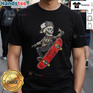 Cool skeleton skateboarder in 'Skate Or Die' T-shirt performing tricks on a skateboard for a stylish urban vibe.