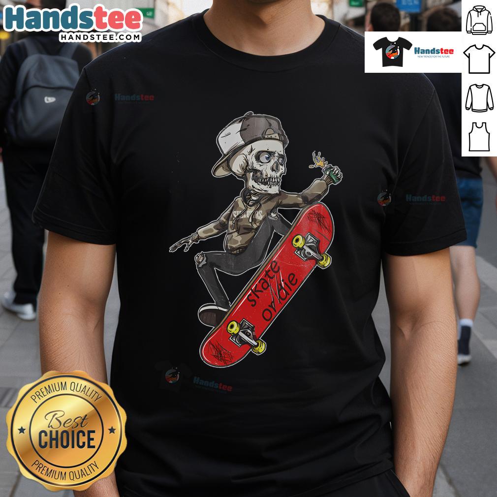 Cool skeleton skateboarder in 'Skate Or Die' T-shirt performing tricks on a skateboard for a stylish urban vibe.