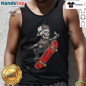 Cool skeleton skateboarder in 'Skate or Die' tank top performing tricks on a skateboard, perfect for skate enthusiasts.