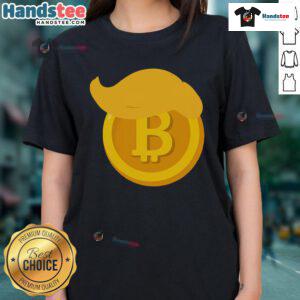 Alt Text: Ladies tee featuring a fun design of President Trump with stylish hair, Bitcoin, and cryptocurrency themes.