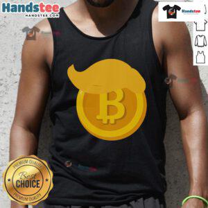 President Trump sporting a tank top with Bitcoin and cryptocurrency designs, showcasing his iconic hairstyle and 45th presidency.