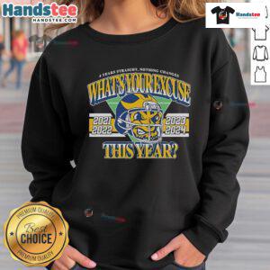 Official sweatshirt design for 4 years straight: 'Nothing Changes, What's Your Excuse?' 2021-2024 fashion statement.