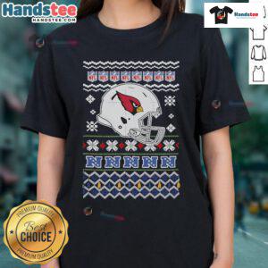 Official Arizona Cardinals NFL Football Christmas Helmet Ladies Tee showcasing festive design and team spirit.