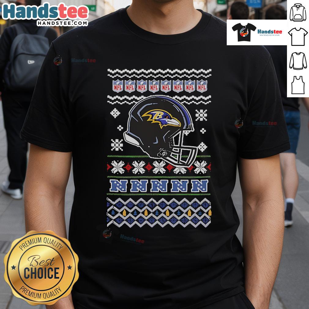 Official Baltimore Ravens NFL Football Christmas Helmet T-Shirt featuring festive design and team logo for holiday spirit.