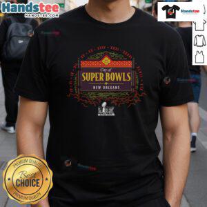 Official City of Super Bowls LIX New Orleans T-Shirt featuring vibrant graphics and team colors celebrating the event.