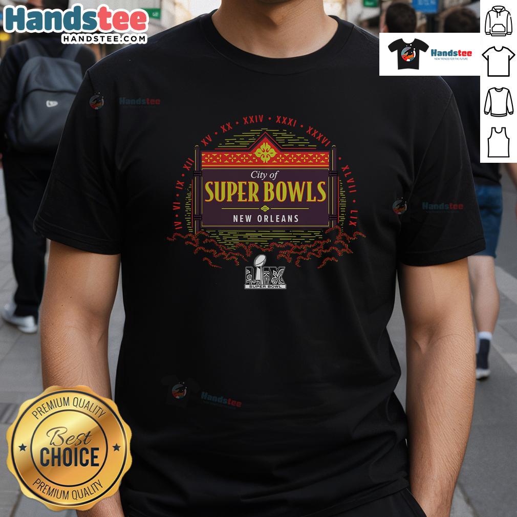 Official City of Super Bowls LIX New Orleans T-Shirt featuring vibrant graphics and team colors celebrating the event.