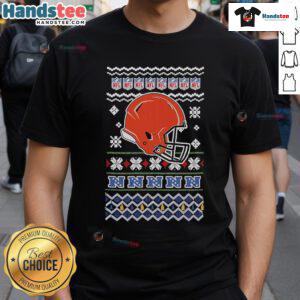 Official Cleveland Browns NFL Football Christmas helmet T-shirt featuring festive design and team logo, perfect for fans.