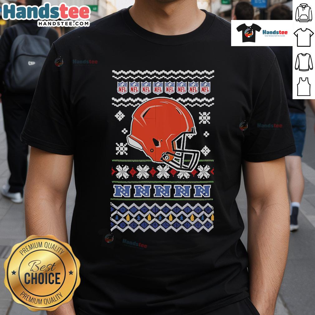 Official Cleveland Browns NFL Football Christmas helmet T-shirt featuring festive design and team logo, perfect for fans.