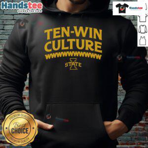 Alt Text: Iowa State Football 10 Win Culture Hoodie in cardinal and gold, showcasing team pride and performance.