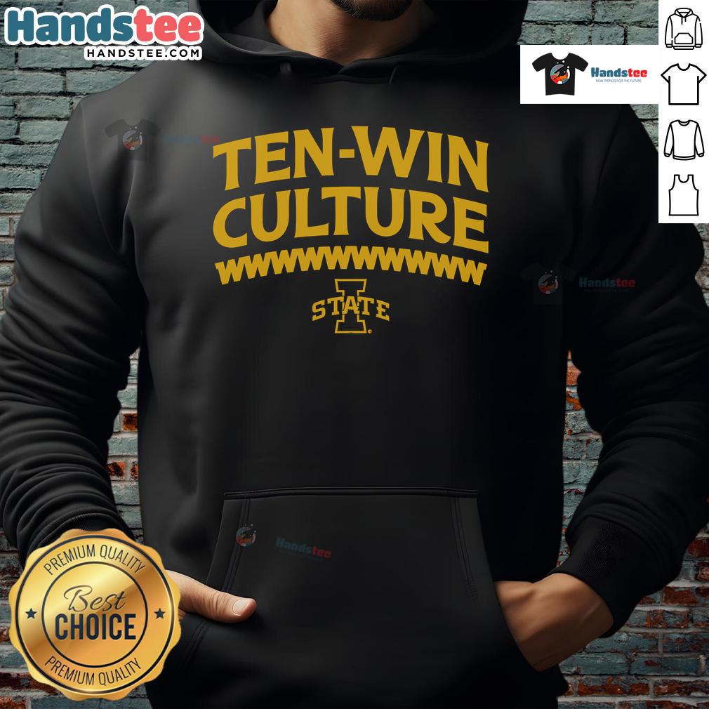 Alt Text: Iowa State Football 10 Win Culture Hoodie in cardinal and gold, showcasing team pride and performance.