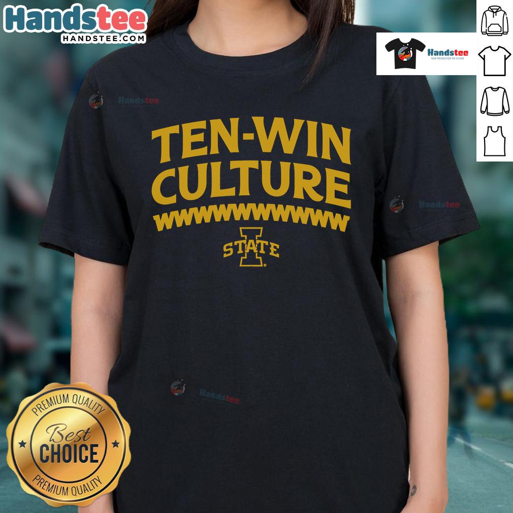 Official Iowa State Football 10 Win Culture Ladies Tee featuring team colors and logo, perfect for fans and supporters.