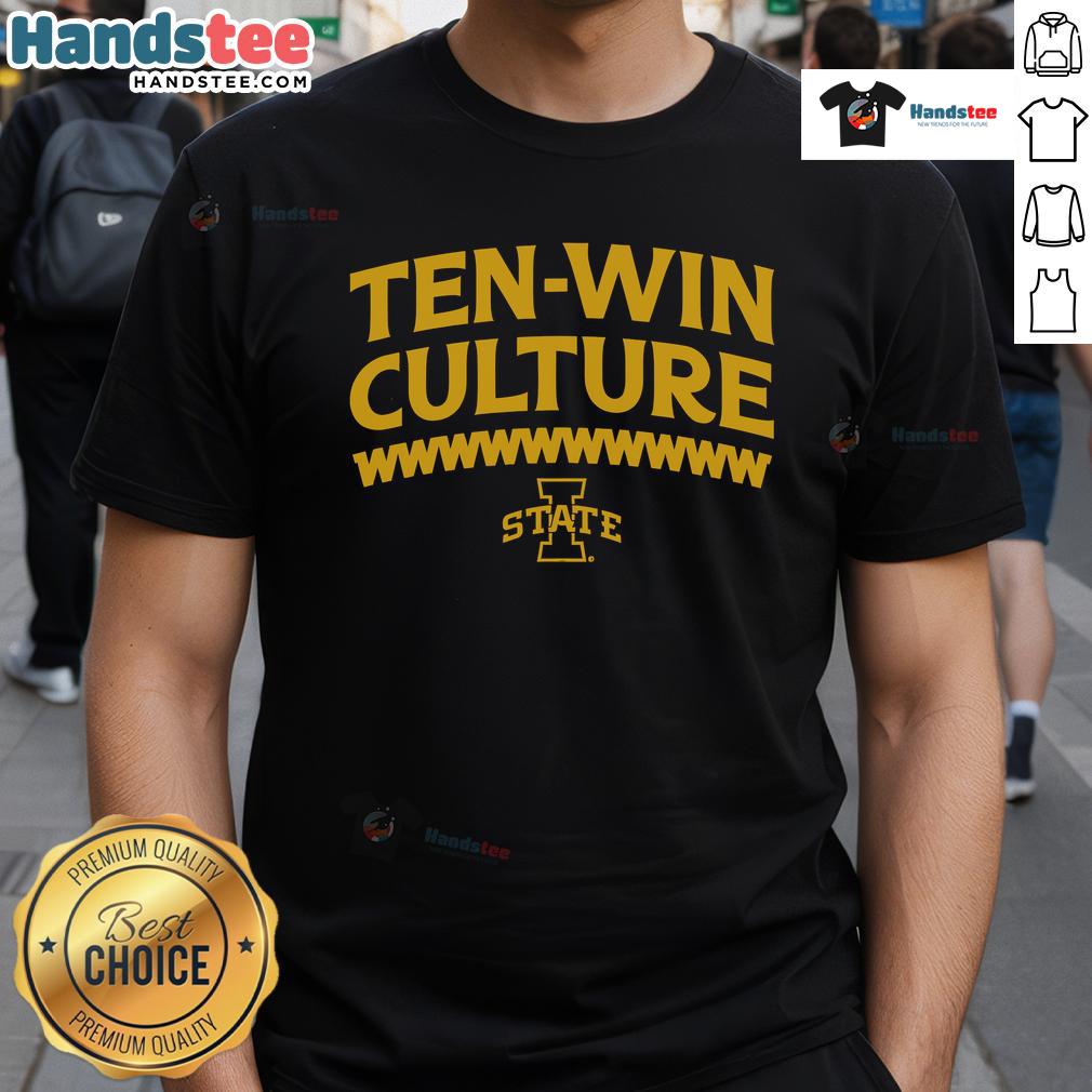 Alt Text: Official Iowa State Football 10 Win Culture T-Shirt featuring team colors and logo, perfect for fans and supporters.