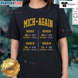Official Michigan Again Ladies Tee showcasing vibrant design celebrating Michigan victories in sports.