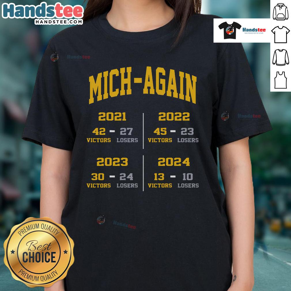 Official Michigan Again Ladies Tee showcasing vibrant design celebrating Michigan victories in sports.