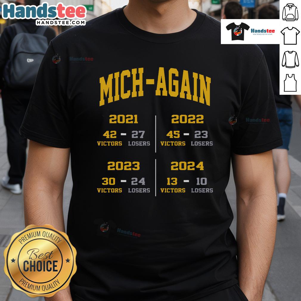 Official Mich-Again Michigan Win Again T-Shirt featuring bold graphics, perfect for fans celebrating Michigan victories.