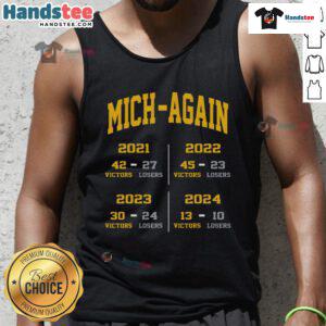 Alt Text: Official Michigan Again Michigan Win Again tank top featuring bold graphics, perfect for fans celebrating victory.