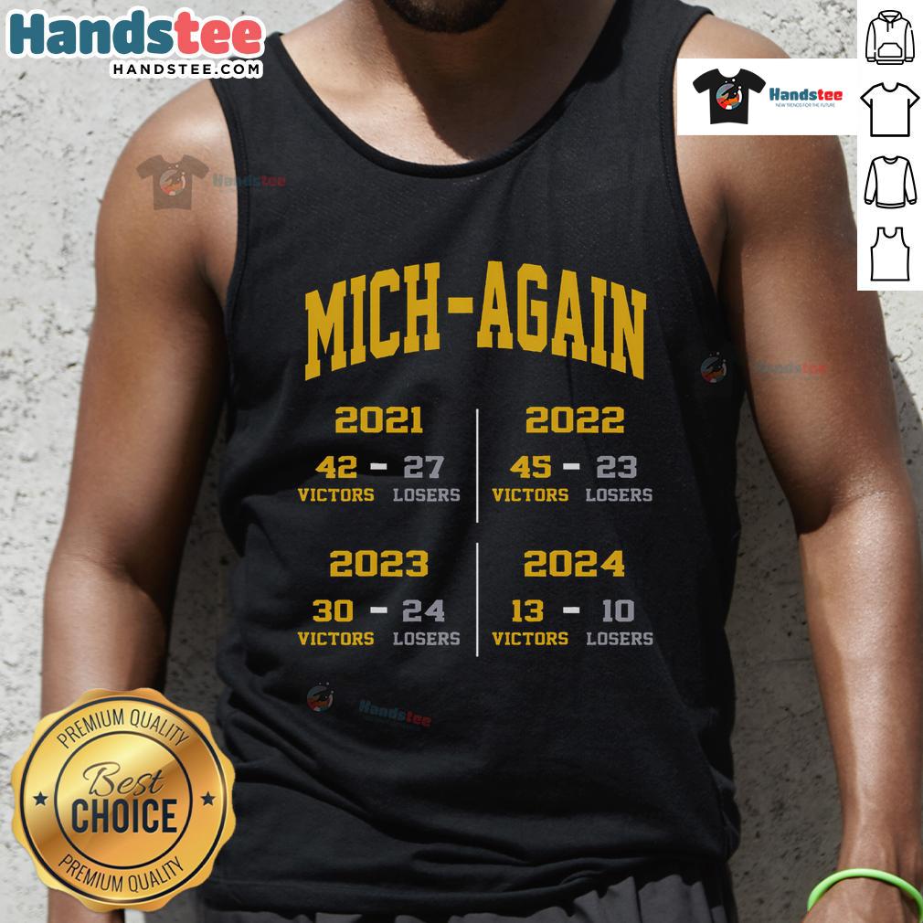 Alt Text: Official Michigan Again Michigan Win Again tank top featuring bold graphics, perfect for fans celebrating victory.