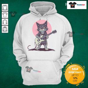 Funny guitar cat wearing a Premium Rock Cat hoodie, humorously strumming a guitar, perfect for music and cat lovers.