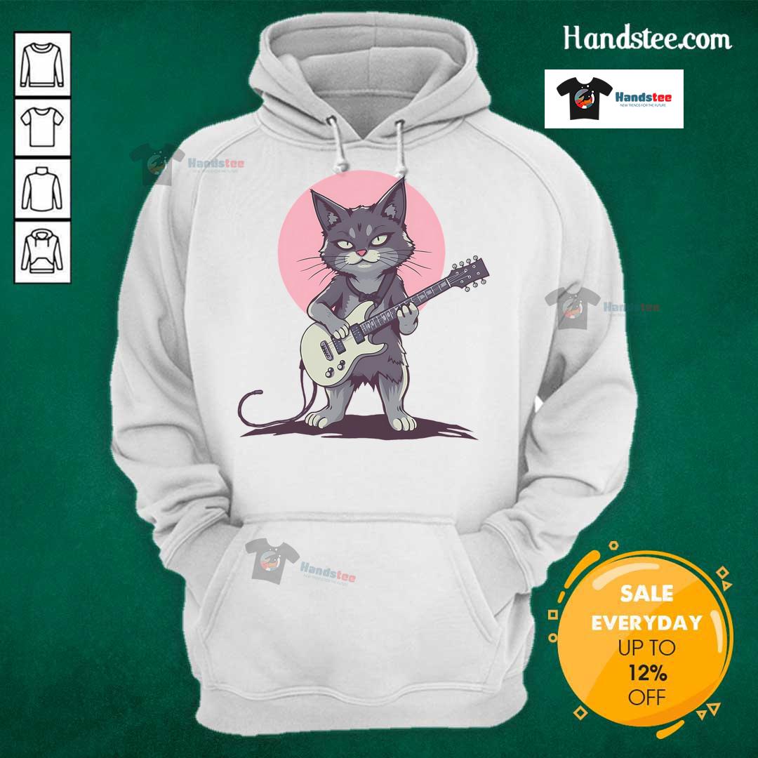 Funny guitar cat wearing a Premium Rock Cat hoodie, humorously strumming a guitar, perfect for music and cat lovers.