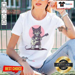 Funny guitar cat in a premium rock style tee, showcasing a playful cat playing guitar for music lovers.