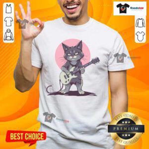 Funny guitar cat t-shirt featuring a premium rock cat playing guitar in a playful and vibrant design.