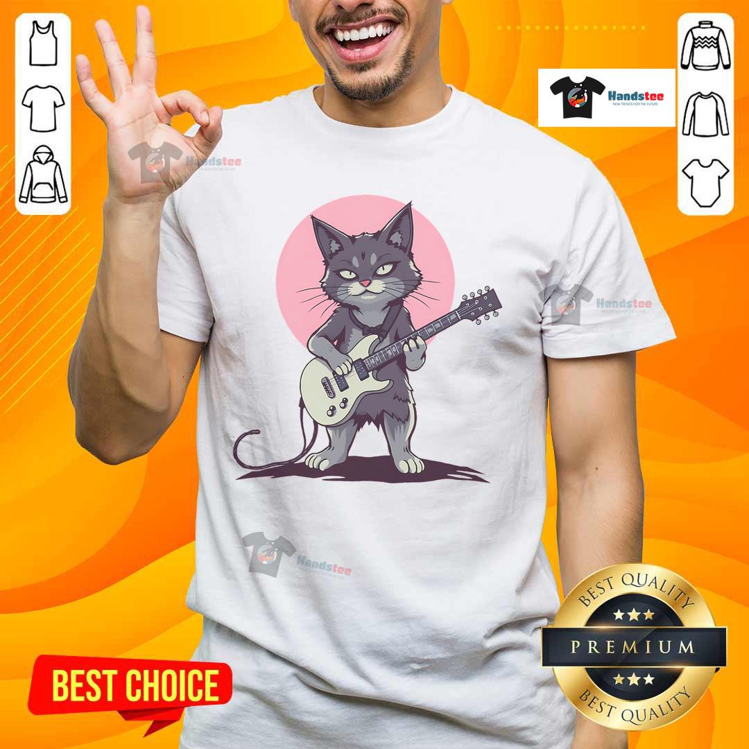Funny guitar cat t-shirt featuring a premium rock cat playing guitar in a playful and vibrant design.