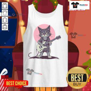 Premium Rock Cat playing guitar in a funny pose, featured on a tank top design for cat lovers and music enthusiasts.