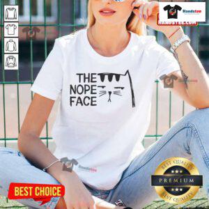 Funny cat with an unamused expression on a ladies tee, featuring the 'Nope' face design for cat lovers.